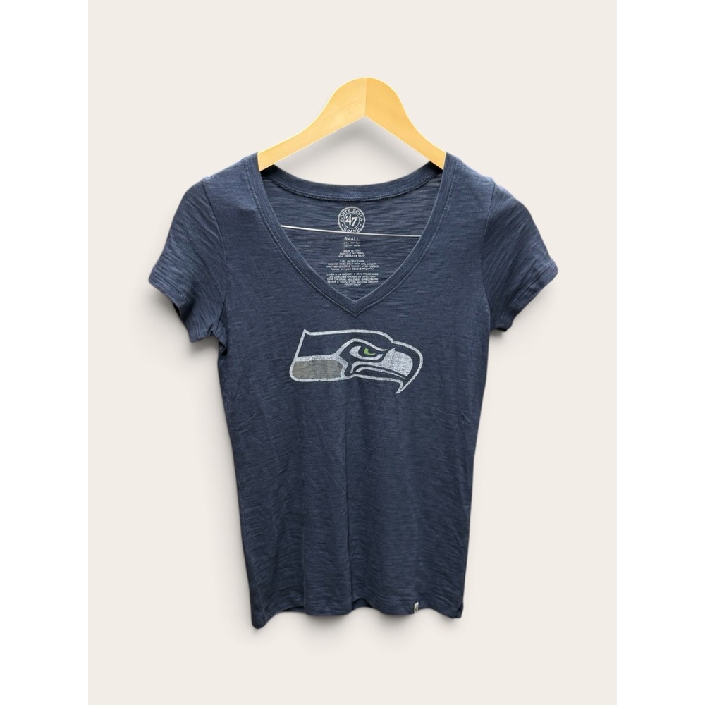 47 Brand Seattle Seahawks Womens V-Neck T-Shirt Navy Blue Slub Cotton Small NWT